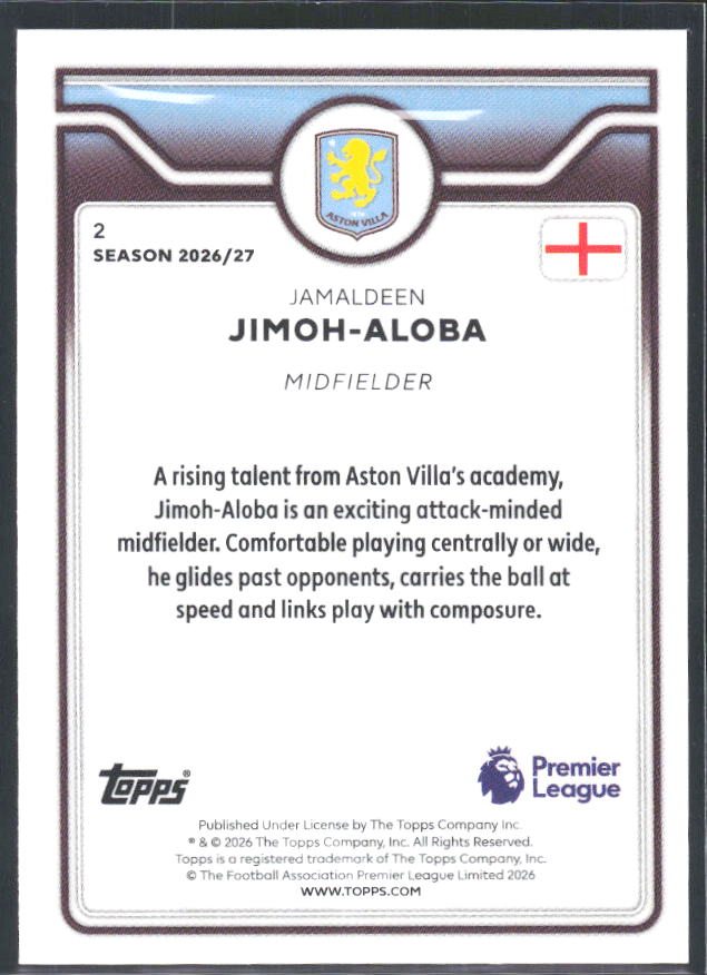 2026-27 Topps Premier League Future Stars #2 Jamaldeen Jimoh-Aloba – baksida