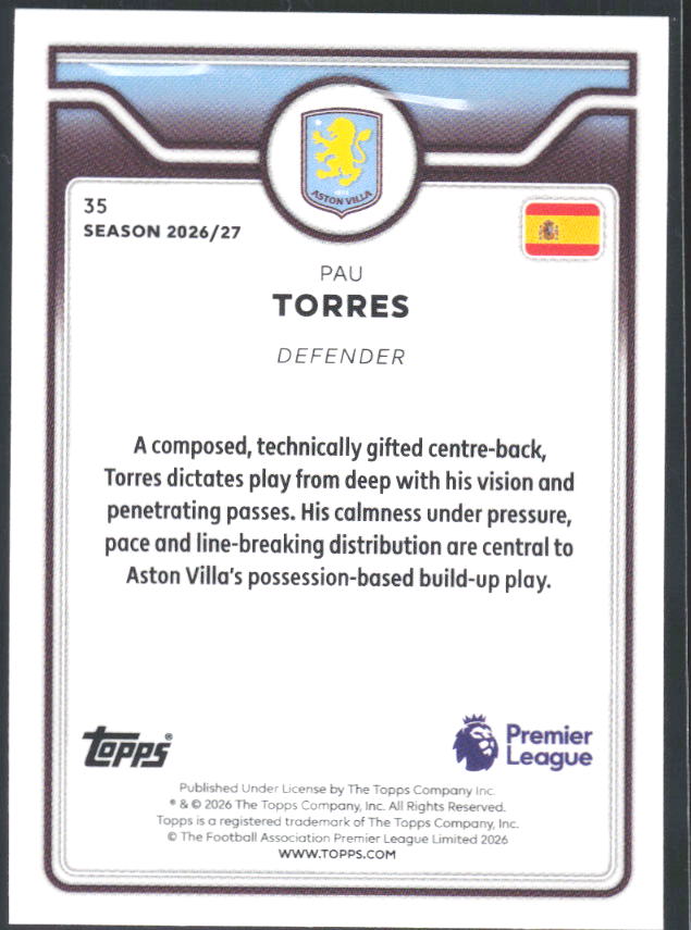 2026-27 Topps Premier League #35 Pau Torres – baksida