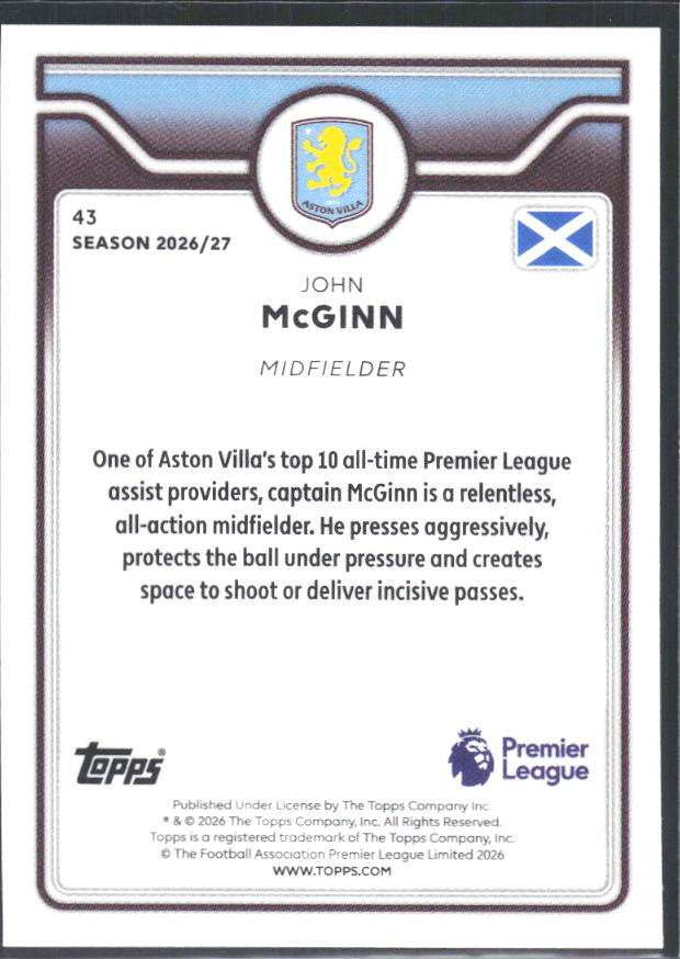 2026-27 Topps Premier League #43 John McGinn – baksida