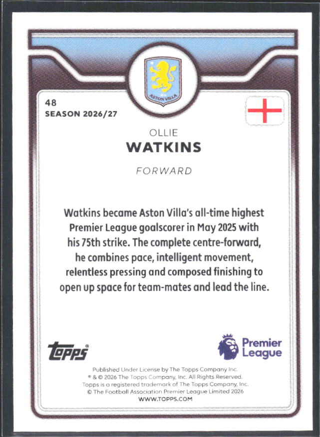 2026-27 Topps Premier League #48 Ollie Watkins – baksida