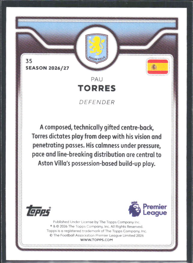 2026-27 Topps Premier League #35 Pau Torres – baksida