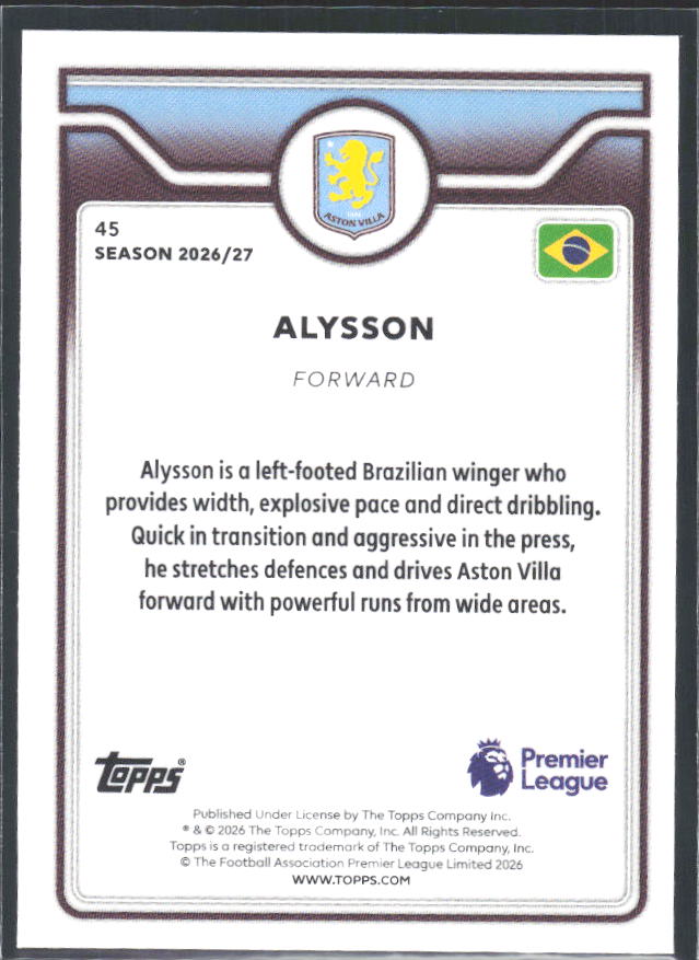 2026-27 Topps Premier League #45 Alysson – baksida