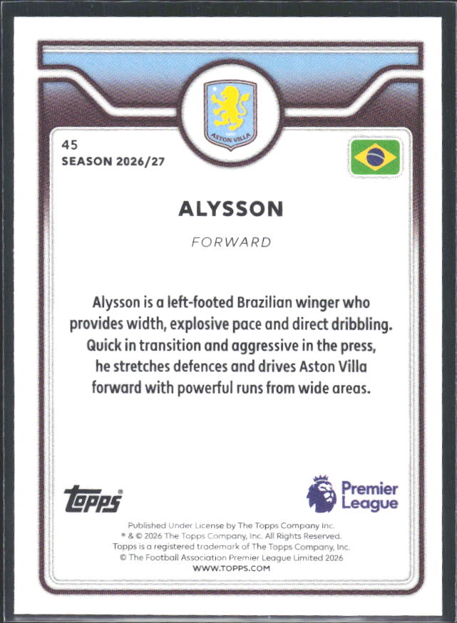 2026-27 Topps Premier League #45 Alysson – baksida