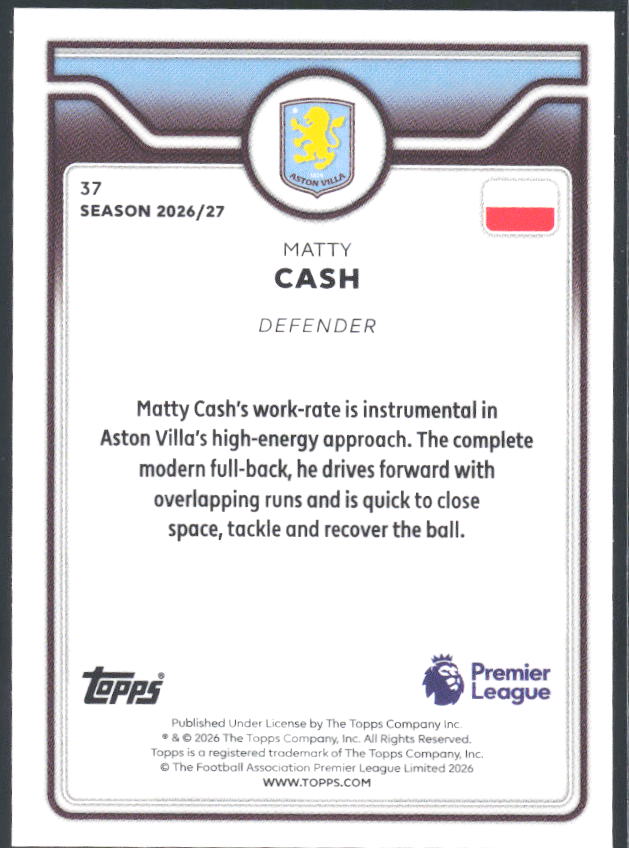 2026-27 Topps Premier League #37 Matty Cash – baksida