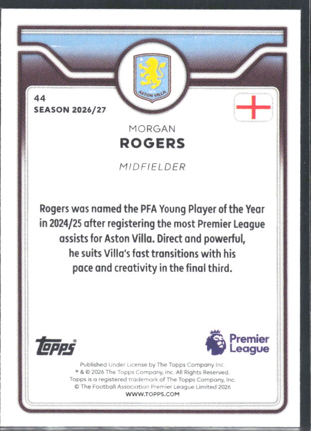 2026-27 Topps Premier League #44 Morgan Rogers – baksida