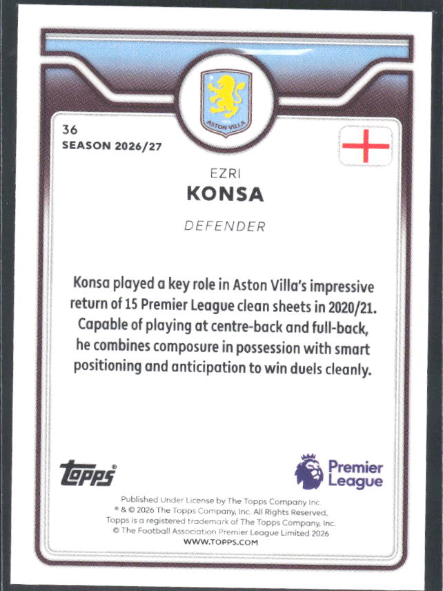 2026-27 Topps Premier League #36 Ezri Konsa – baksida
