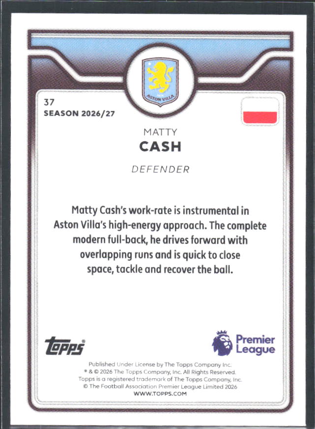 2026-27 Topps Premier League #37 Matty Cash – baksida