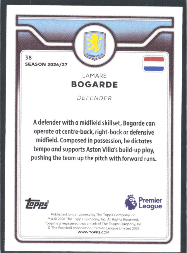 2026-27 Topps Premier League #38 Lamare Bogarde – baksida