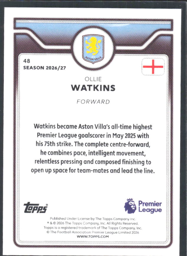 2026-27 Topps Premier League #48 Ollie Watkins – baksida