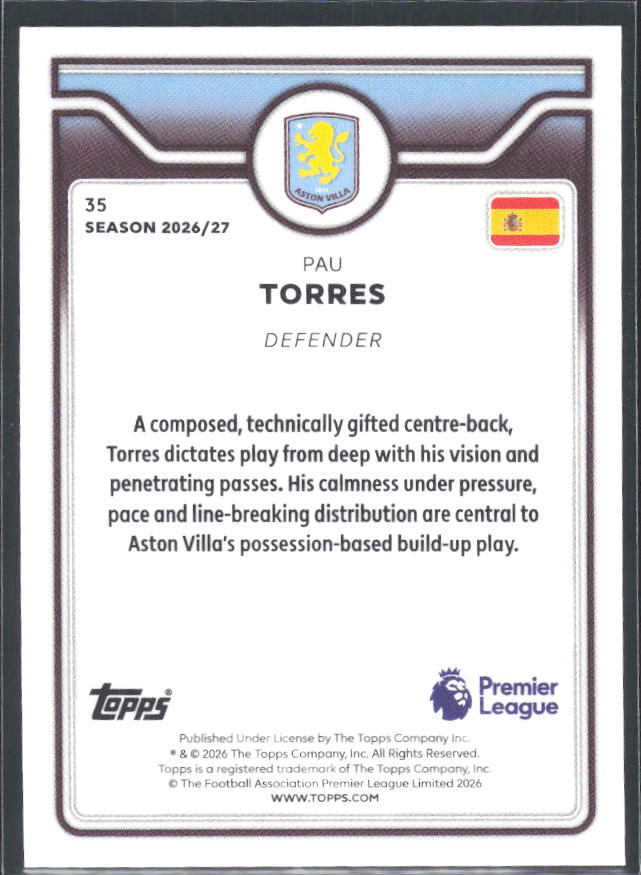 2026-27 Topps Premier League #35 Pau Torres – baksida