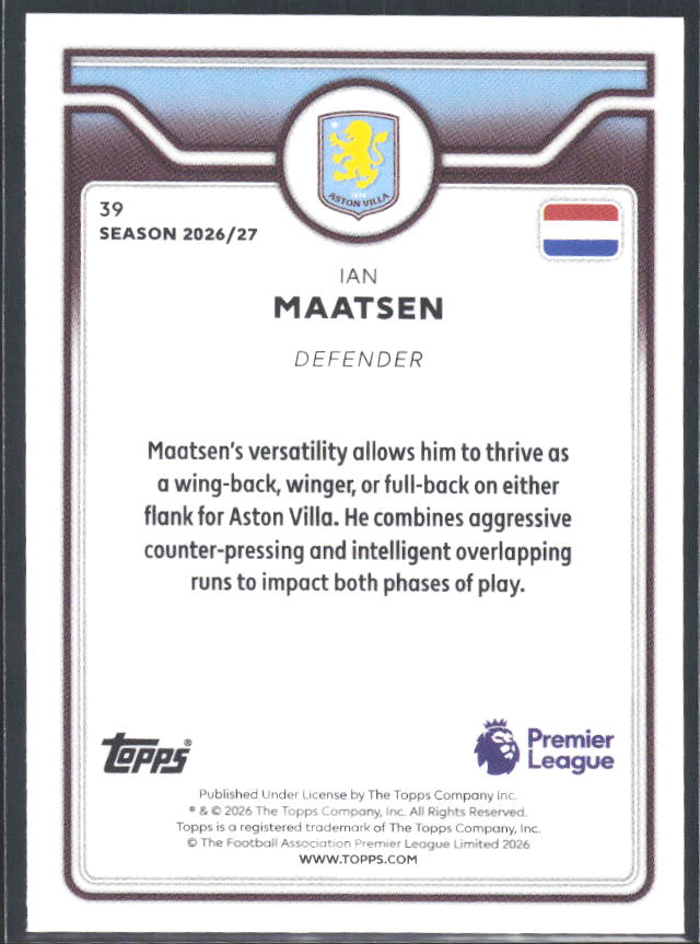 2026-27 Topps Premier League #39 Ian Maatsen – baksida