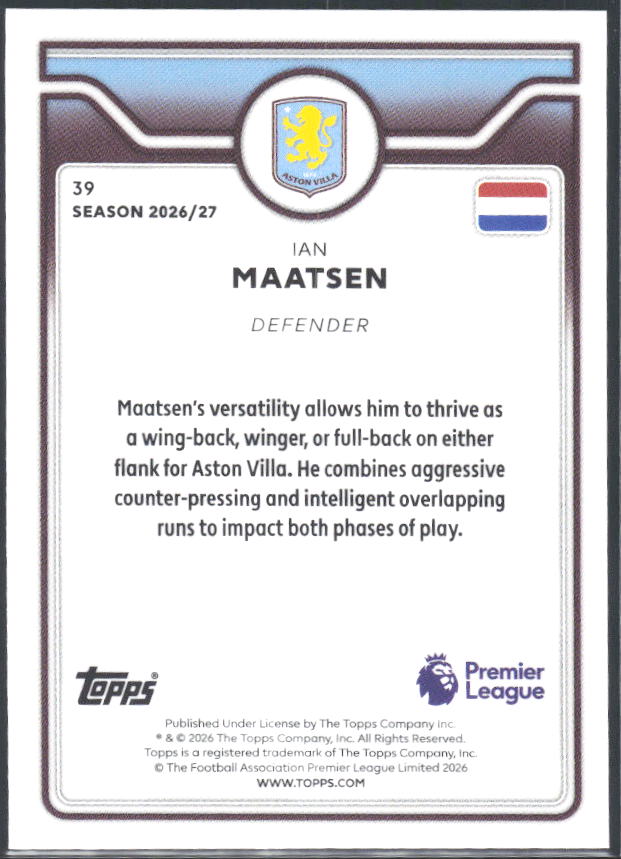2026-27 Topps Premier League #39 Ian Maatsen – baksida