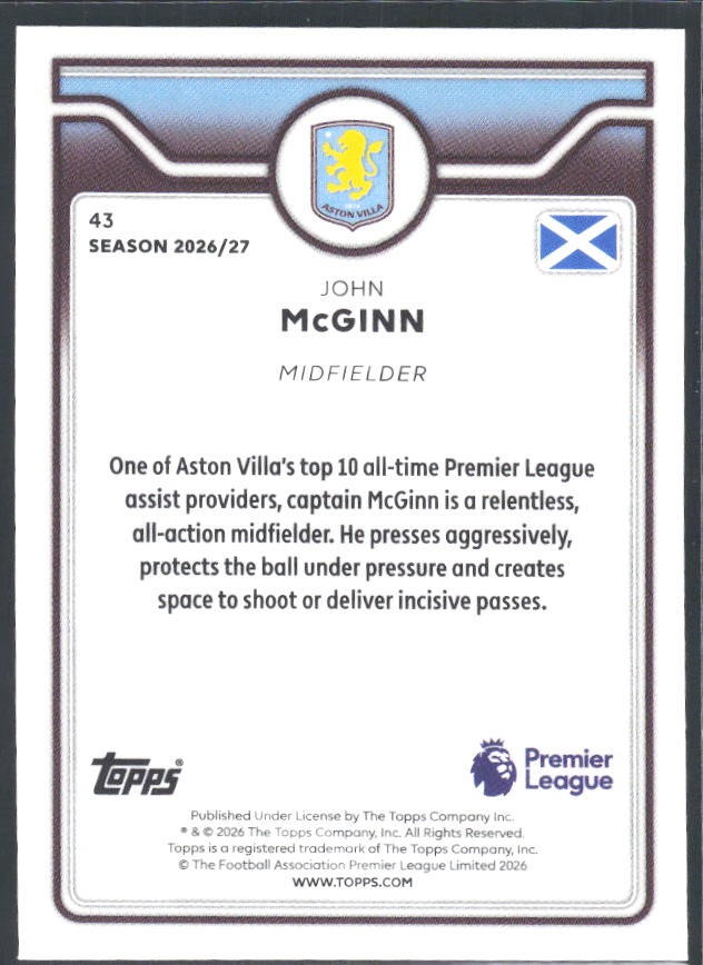 2026-27 Topps Premier League #43 John McGinn – baksida