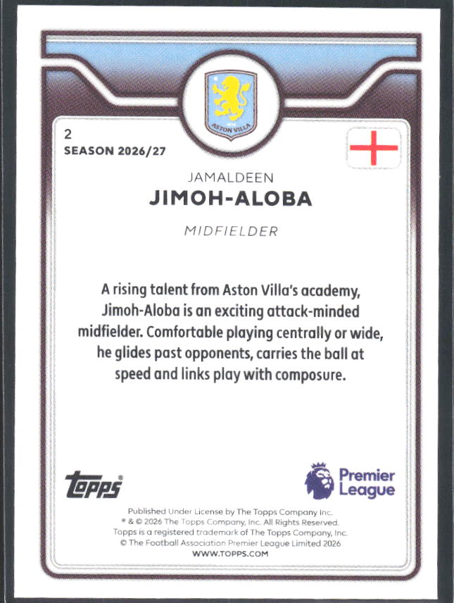 2026-27 Topps Premier League Future Stars #2 Jamaldeen Jimoh-Aloba – baksida