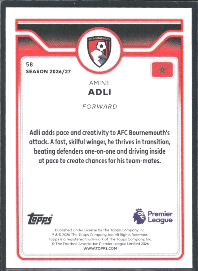 2026-27 Topps Premier League #58 Amine Adli – baksida
