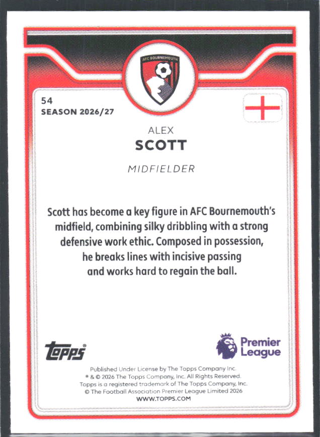 2026-27 Topps Premier League #54 Alex Scott – baksida