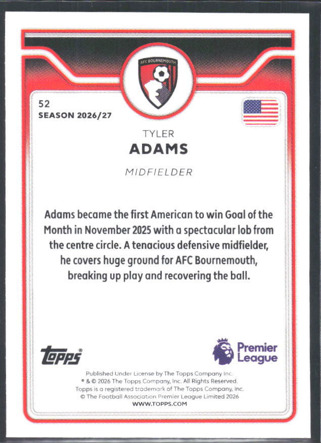 2026-27 Topps Premier League #52 Tyler Adams – baksida