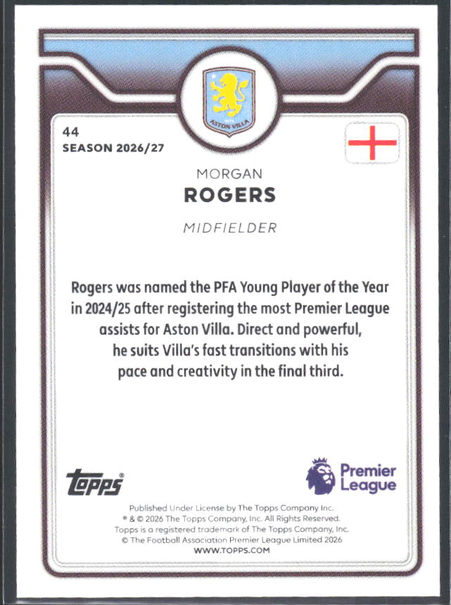 2026-27 Topps Premier League #44 Morgan Rogers – baksida