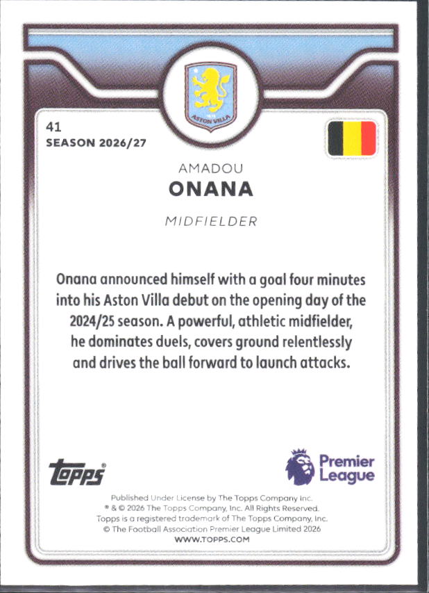 2026-27 Topps Premier League #41 Amadou Onana – baksida