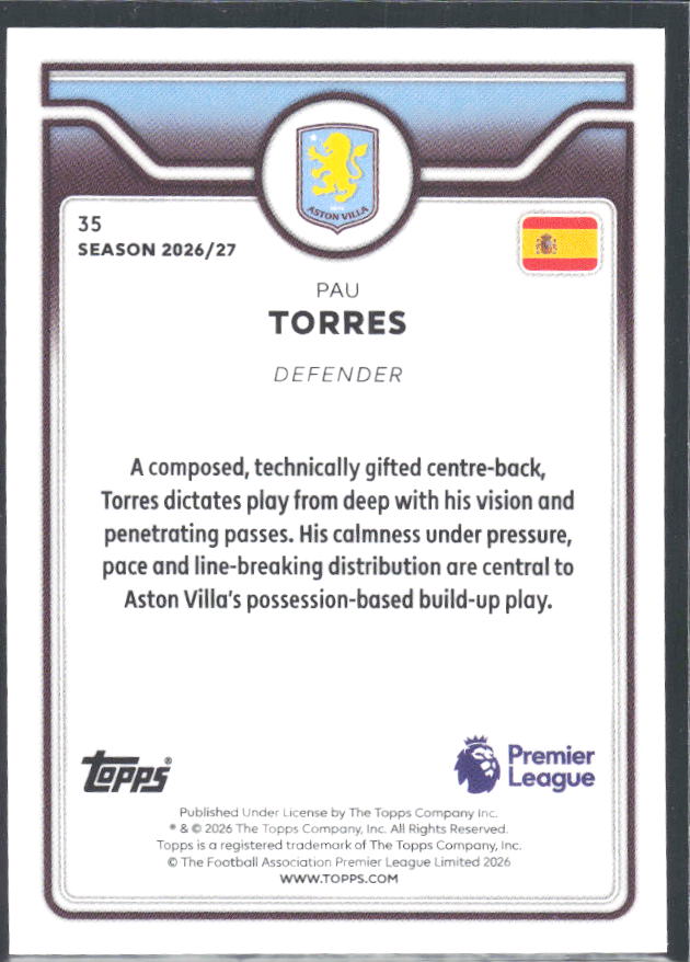 2026-27 Topps Premier League #35 Pau Torres – baksida