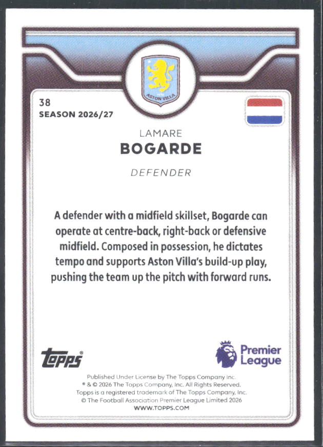 2026-27 Topps Premier League #38 Lamare Bogarde – baksida