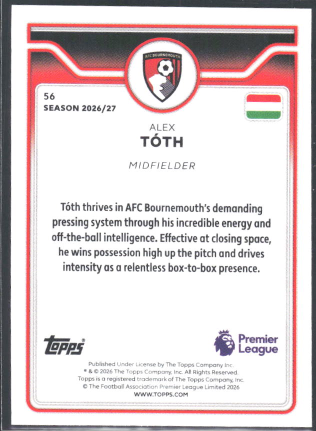 2026-27 Topps Premier League #56 Alex Tóth – baksida