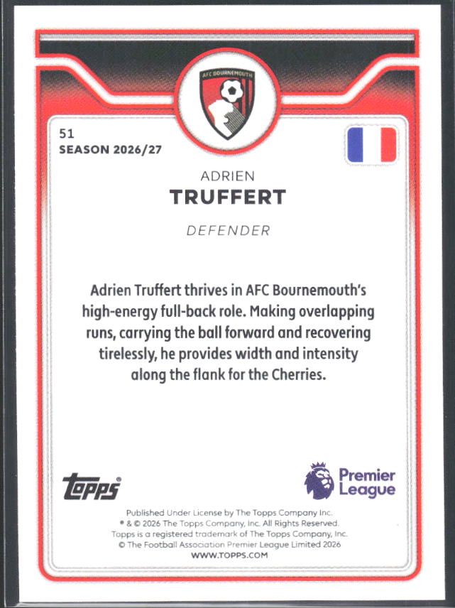 2026-27 Topps Premier League #51 Adrien Truffert – baksida