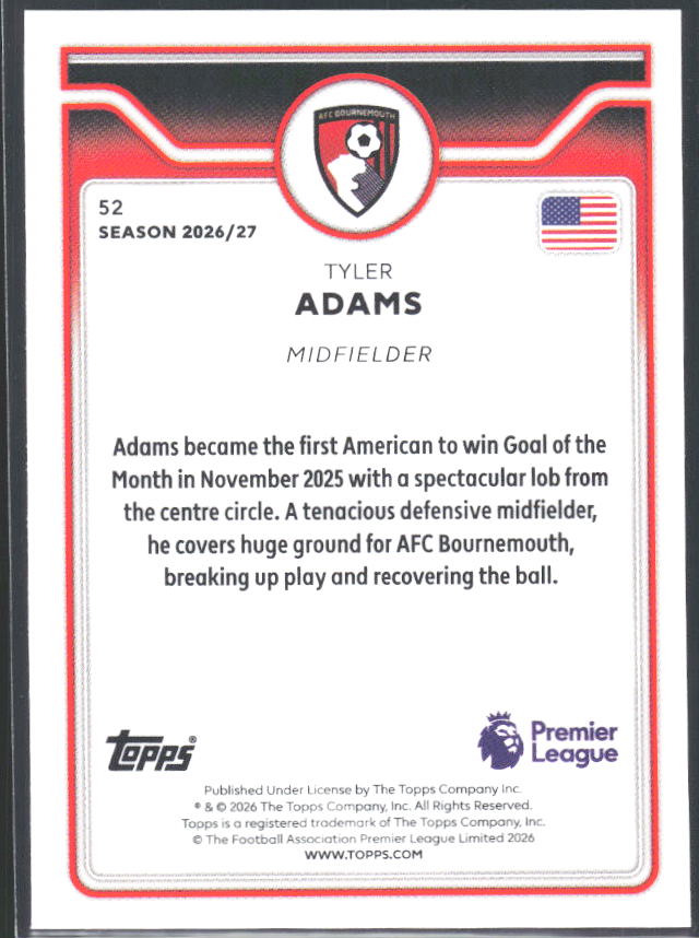 2026-27 Topps Premier League #52 Tyler Adams – baksida