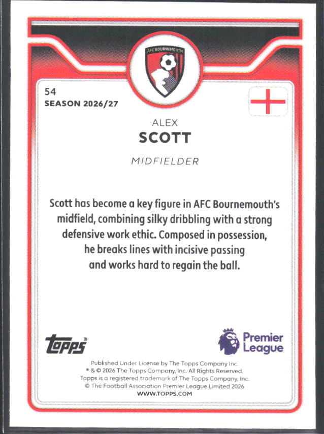 2026-27 Topps Premier League #54 Alex Scott – baksida