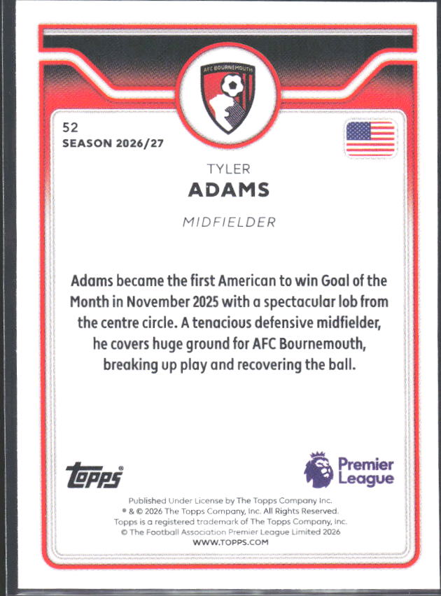 2026-27 Topps Premier League #52 Tyler Adams – baksida