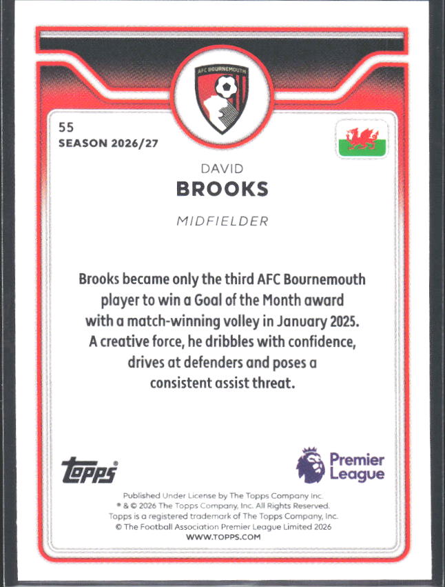 2026-27 Topps Premier League #55 David Brooks – baksida