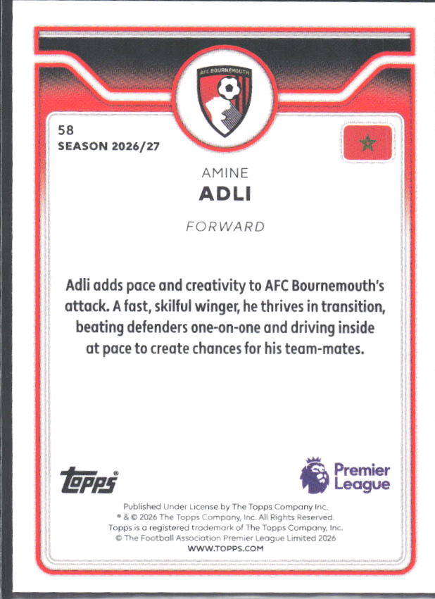 2026-27 Topps Premier League #58 Amine Adli – baksida