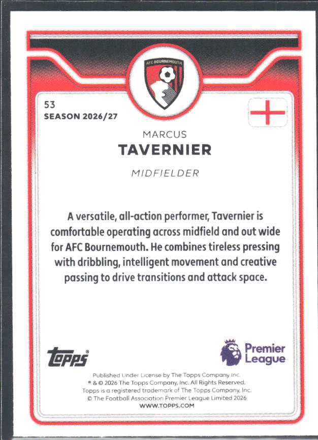 2026-27 Topps Premier League #53 Marcus Tavernier – baksida