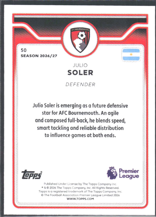 2026-27 Topps Premier League #50 Julio Soler – baksida