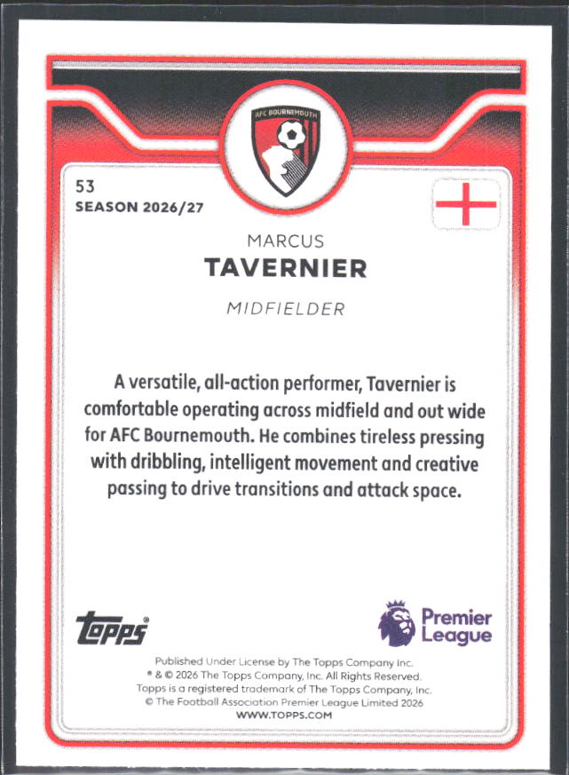 2026-27 Topps Premier League #53 Marcus Tavernier – baksida