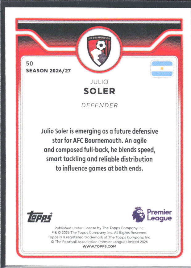 2026-27 Topps Premier League #50 Julio Soler – baksida