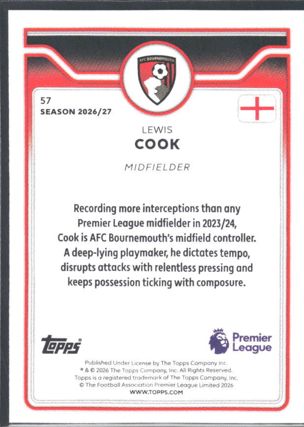 2026-27 Topps Premier League #57 Lewis Cook – baksida