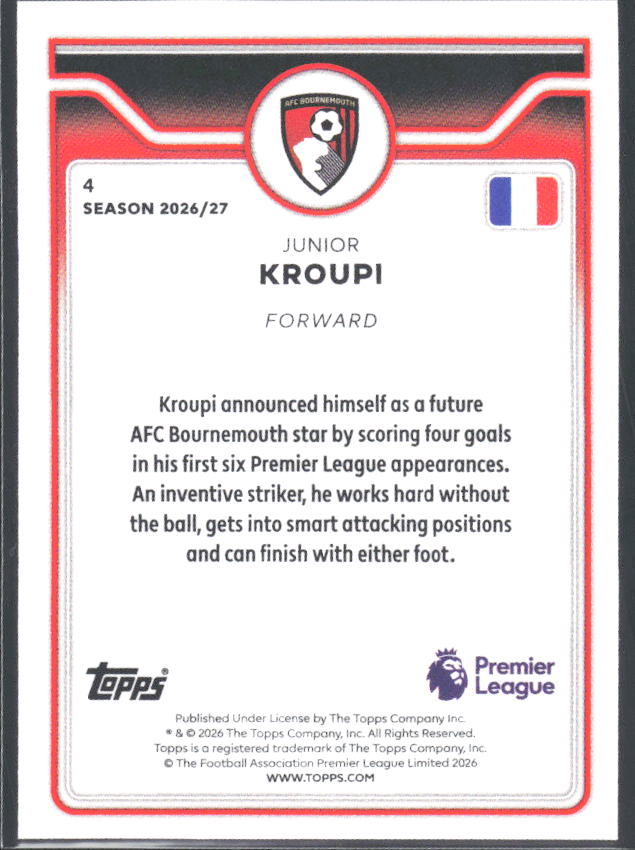2026-27 Topps Premier League Future Stars #4 Junior Kroupi – baksida