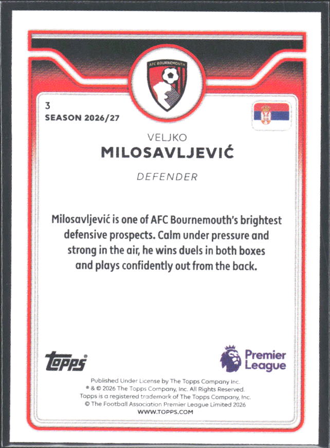 2026-27 Topps Premier League Future Stars #3 Veljko Milosavljević – baksida