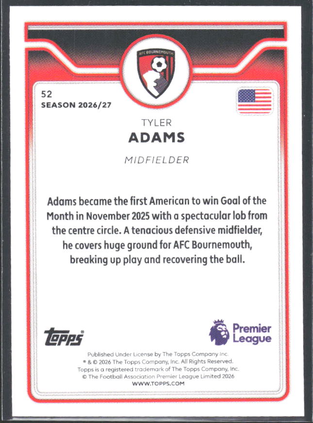 2026-27 Topps Premier League #52 Tyler Adams – baksida