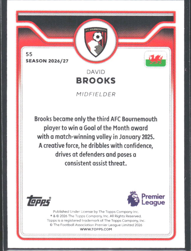 2026-27 Topps Premier League #55 David Brooks – baksida