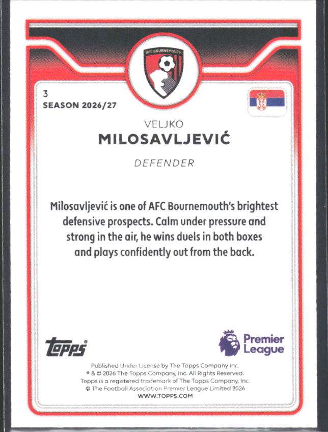 2026-27 Topps Premier League Future Stars #3 Veljko Milosavljević – baksida