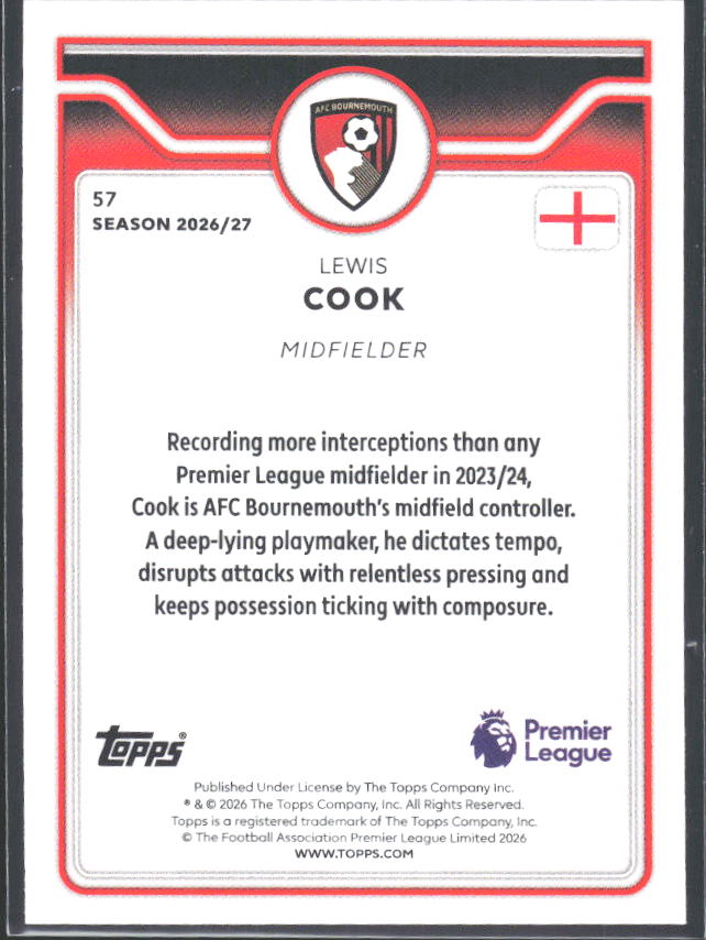 2026-27 Topps Premier League #57 Lewis Cook – baksida