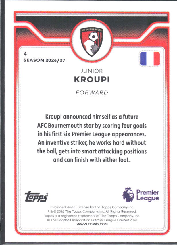 2026-27 Topps Premier League Future Stars #4 Junior Kroupi – baksida