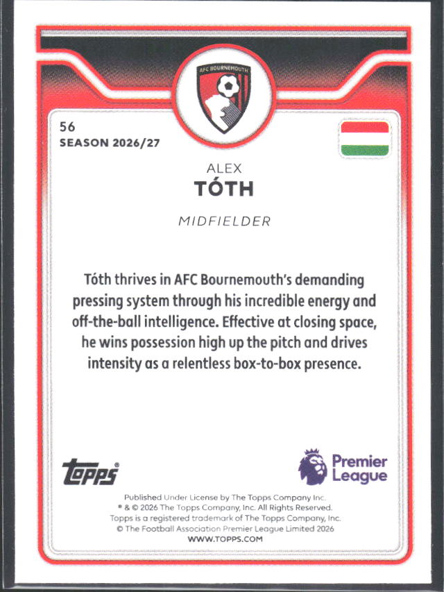 2026-27 Topps Premier League #56 Alex Tóth – baksida