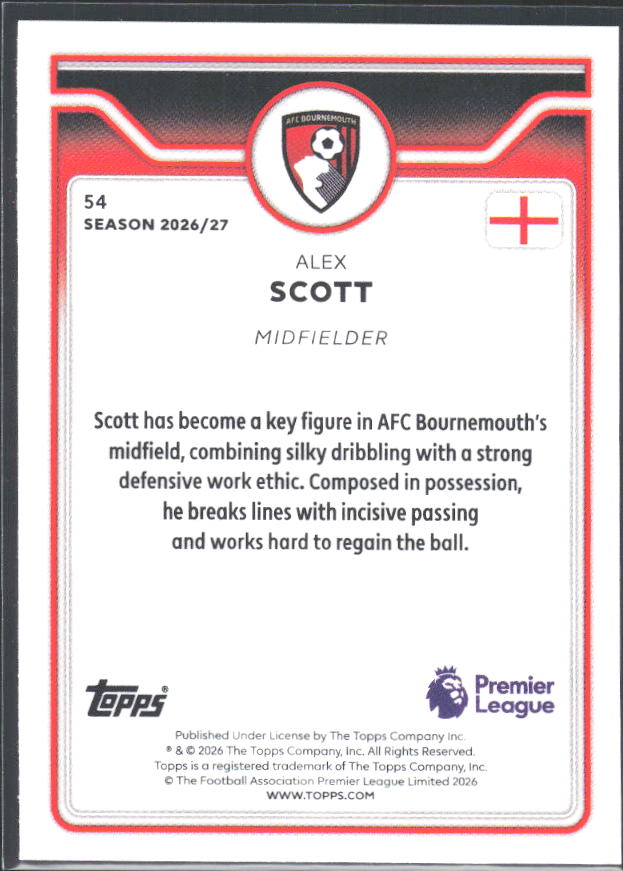 2026-27 Topps Premier League #54 Alex Scott – baksida