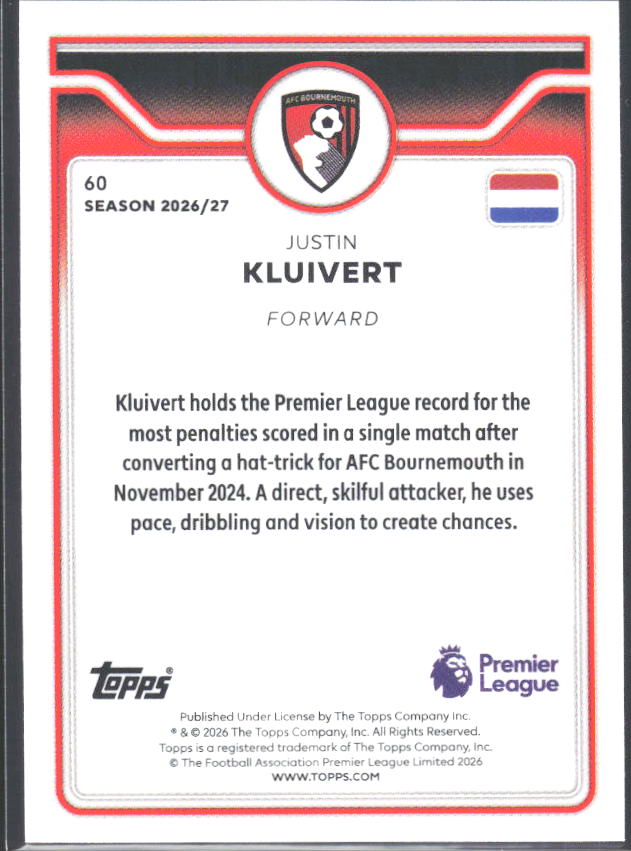 2026-27 Topps Premier League #60 Justin Kluivert – baksida