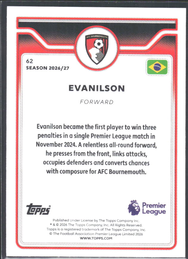 2026-27 Topps Premier League #62 Evanilson – baksida