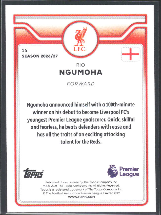 2026-27 Topps Premier League Future Stars #15 Rio Ngumoha – baksida