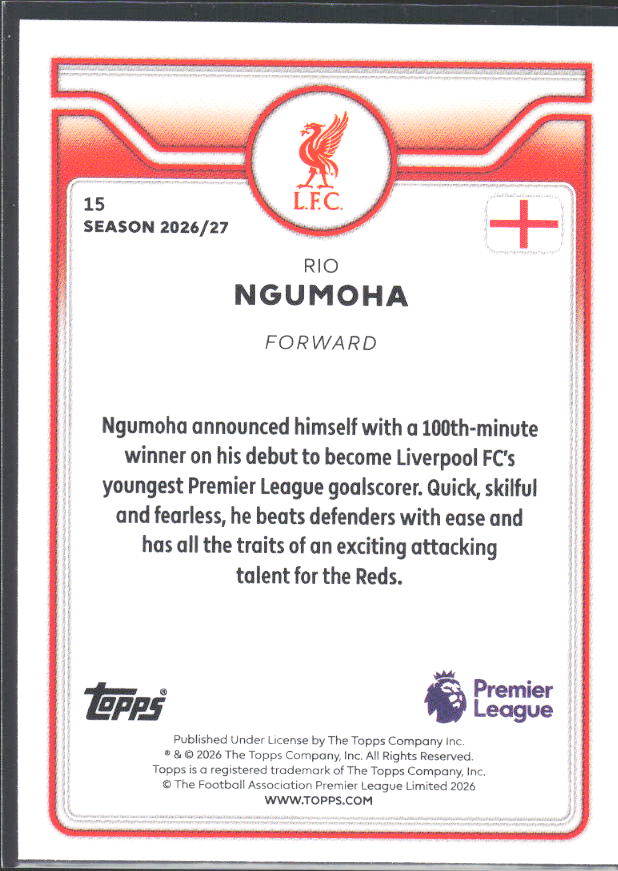 2026-27 Topps Premier League Future Stars #15 Rio Ngumoha – baksida